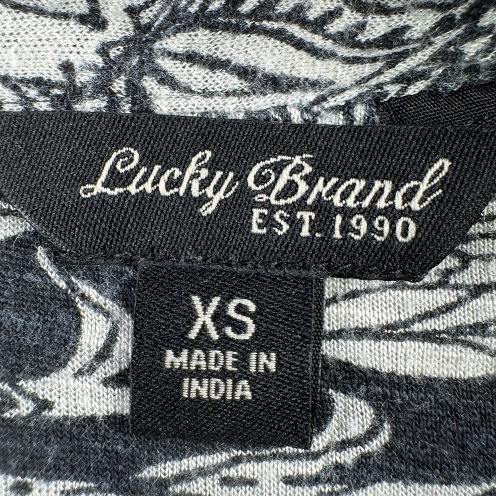 Lucky Brand Top Women XS Floral Print Tassel Tie 3/4 Sleeve Shirt Blouse Black‎ - Picture 6 of 9